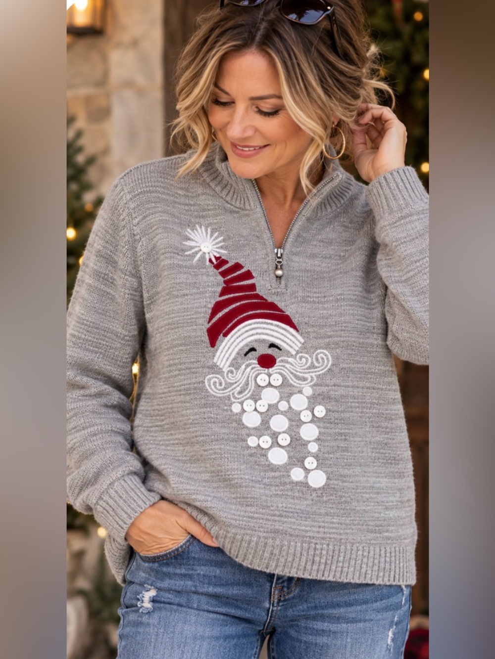 NorthStyle Christmas Sweater Womens XL Gray Santa Embroidered Button Beard Zip